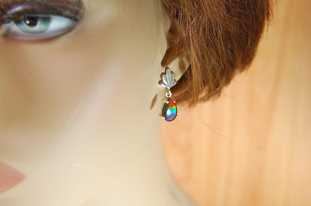 Ammolite Earrings.Bright tricolor gems from Alberta Canada with signed warranty.#031313.