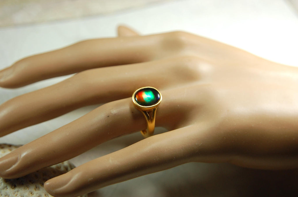 Gold Vermeil Ammolite Ring: Genuine Four-Color Gemstone, Adjustable Band 071114