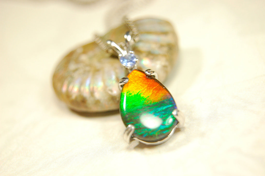 Ammolite Pendant in Sterling Silver with Tanzanite Gem Stone.Rainbow gem.Birthday gift for Wife?Metaphysical powers.032114