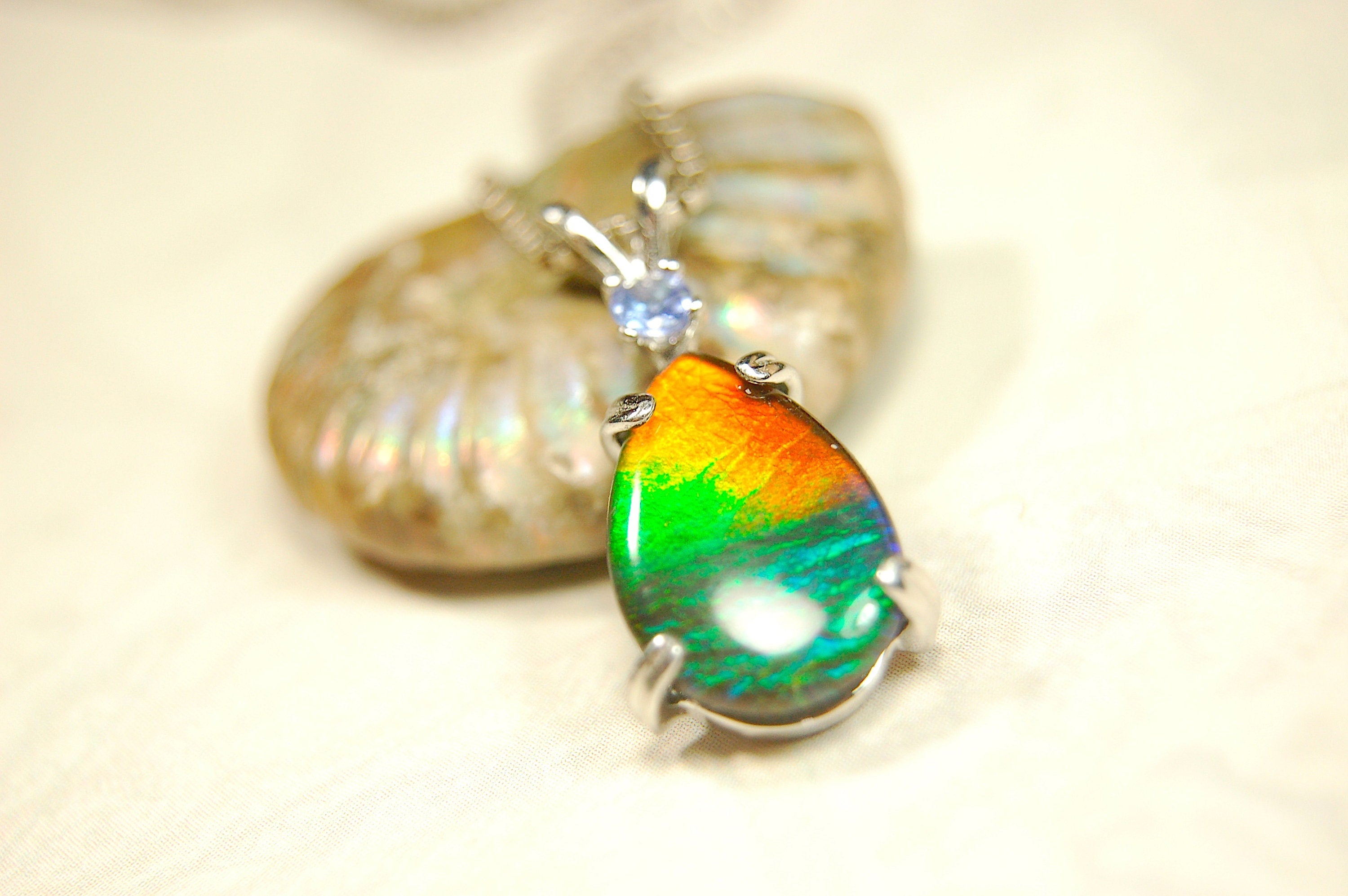 Ammolite Pendant in Sterling Silver with Tanzanite Gem Stone.Rainbow gem.Birthday gift for Wife?Metaphysical powers.032114