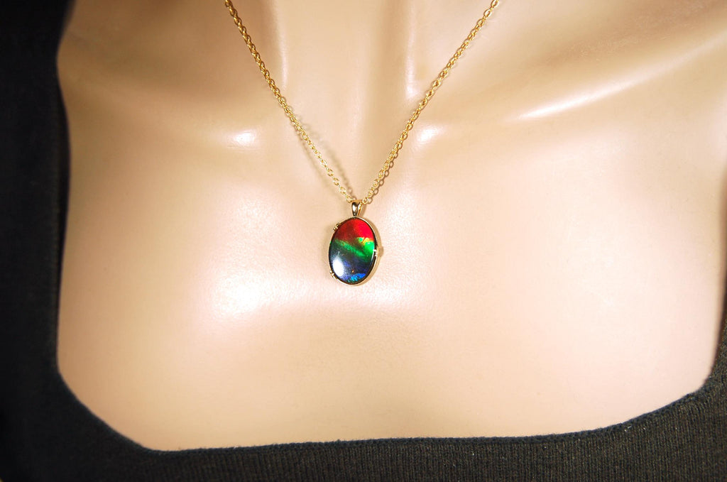 14k gold set ammolite pendant.Gift idea for wife?Rainbow colors.High quality Ammolite.090614