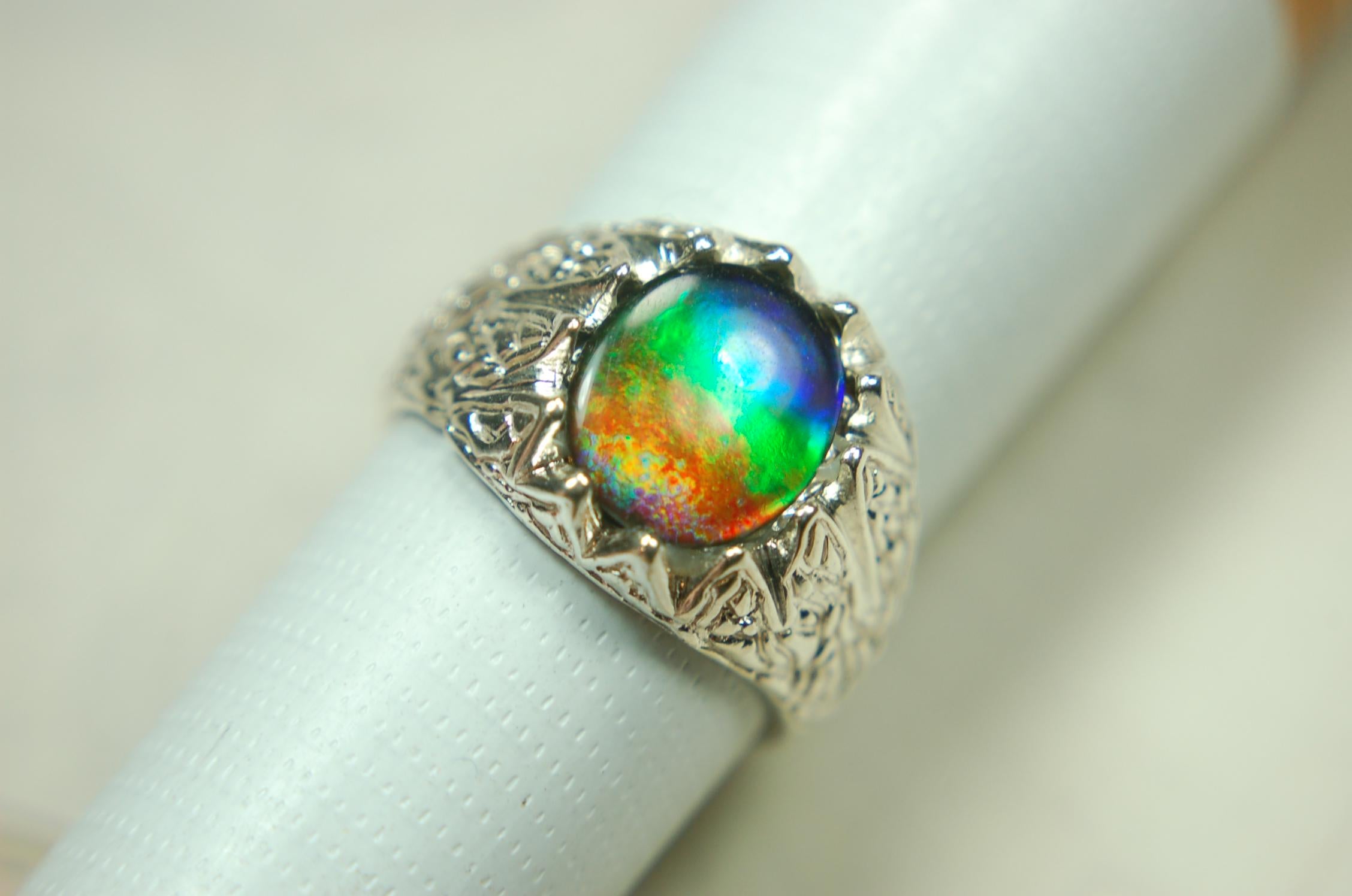 Ammolite Fire Ring – Genuine Alberta Ammolite in Size 10 Vintage-Inspired Silver Setting.Gift for husband.