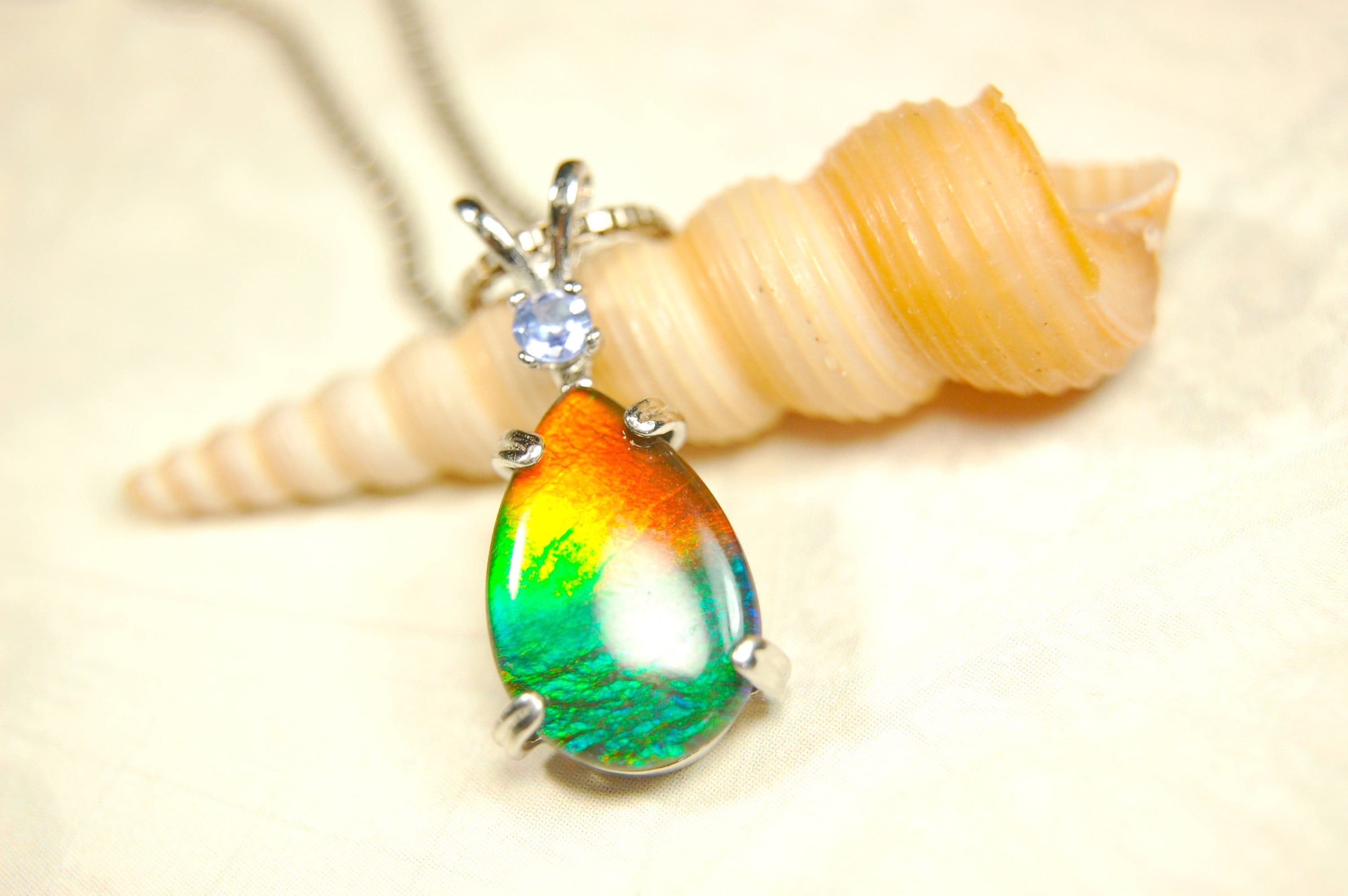 Ammolite Pendant in Sterling Silver with Tanzanite Gem Stone.Rainbow gem.Birthday gift for Wife?Metaphysical powers.032114