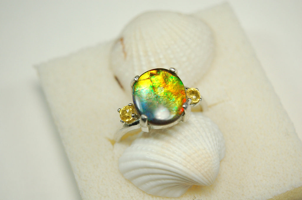 Ammolite Ring.Gift for wife.Learn about Canadas rarest gemstone.Must see video#121611