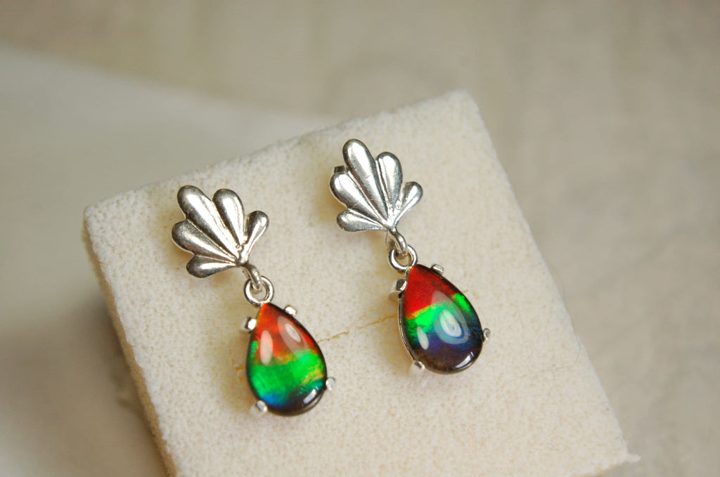Ammolite Earrings.Bright tricolor gems from Alberta Canada with signed warranty.#031313.