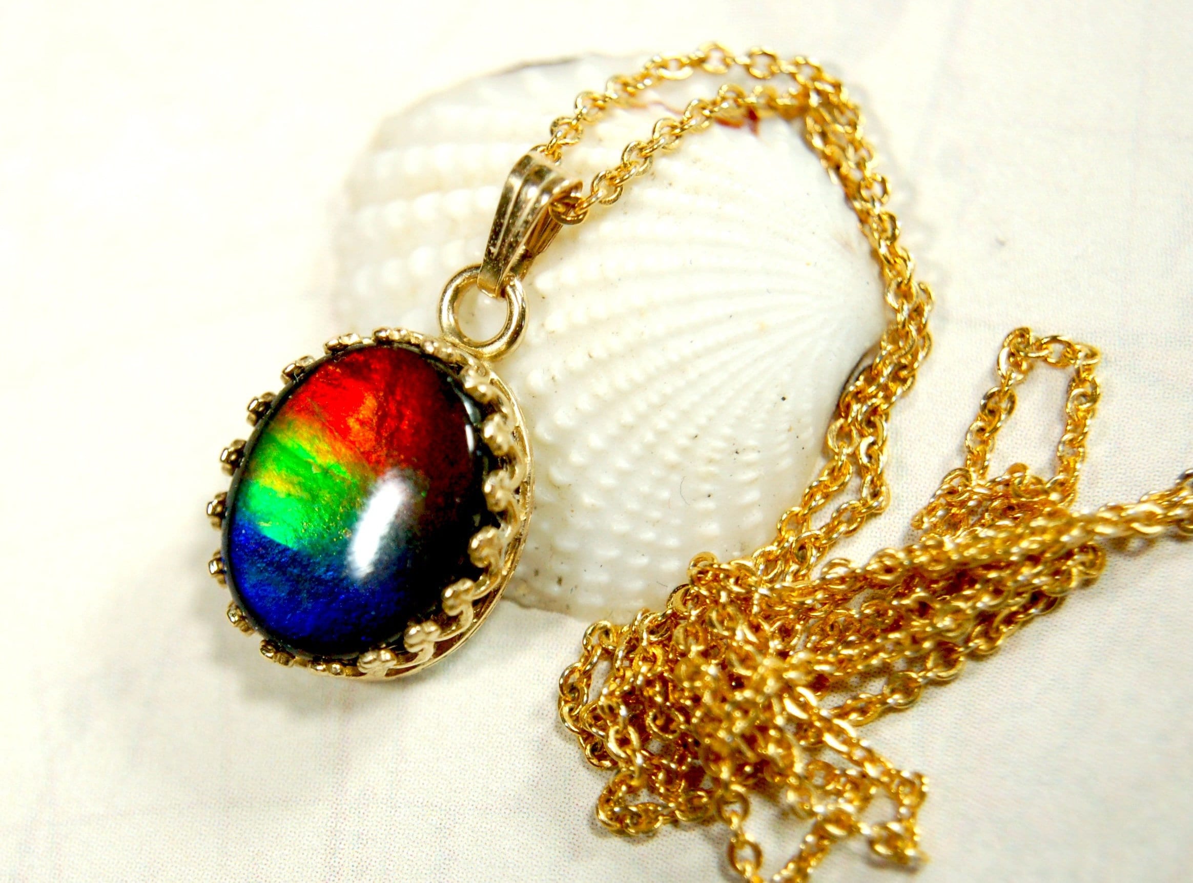 Gold set Ammolite Pendant Necklace - Gorgeous Ammolite Jewelry Accessory for a Pop of Color! The perfect gift for her 012314