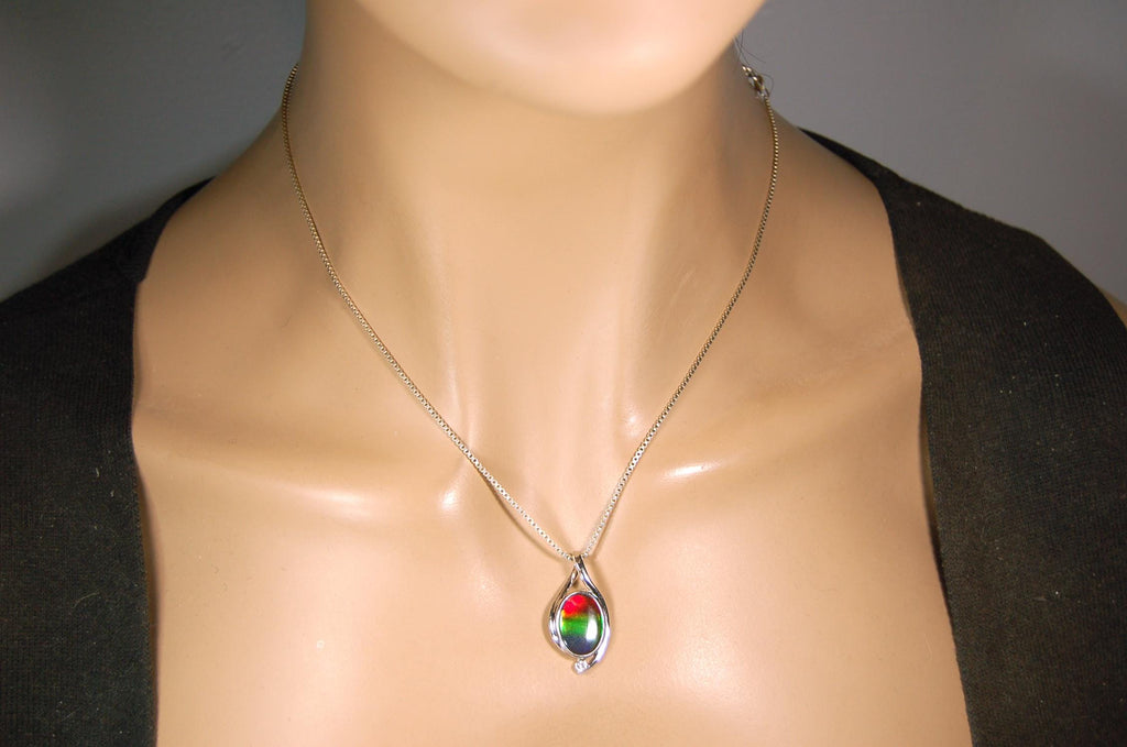 Sterling Silver Ammolite Pendant – Natural Rainbow Fossil Gemstone Necklace – Handmade Jewelry-.052015
