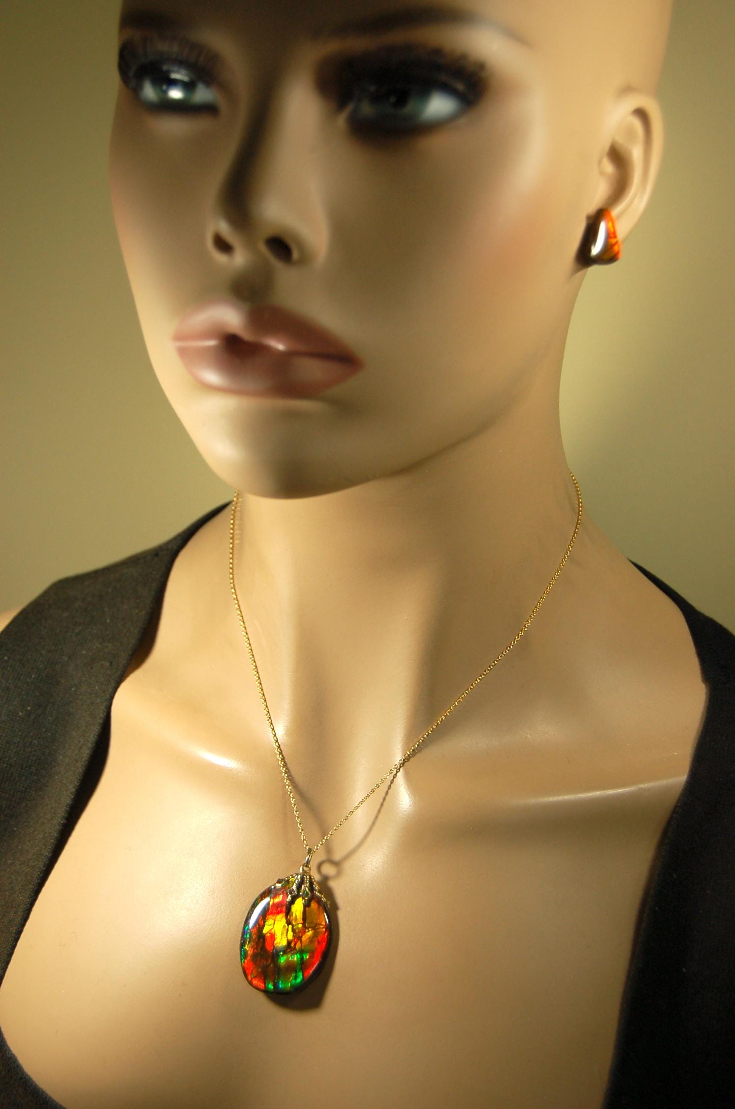 Ammolite Jewelry Set.Pendant and earrings of Natural Alberta Canada gemstones.Strong fashion statement.061516