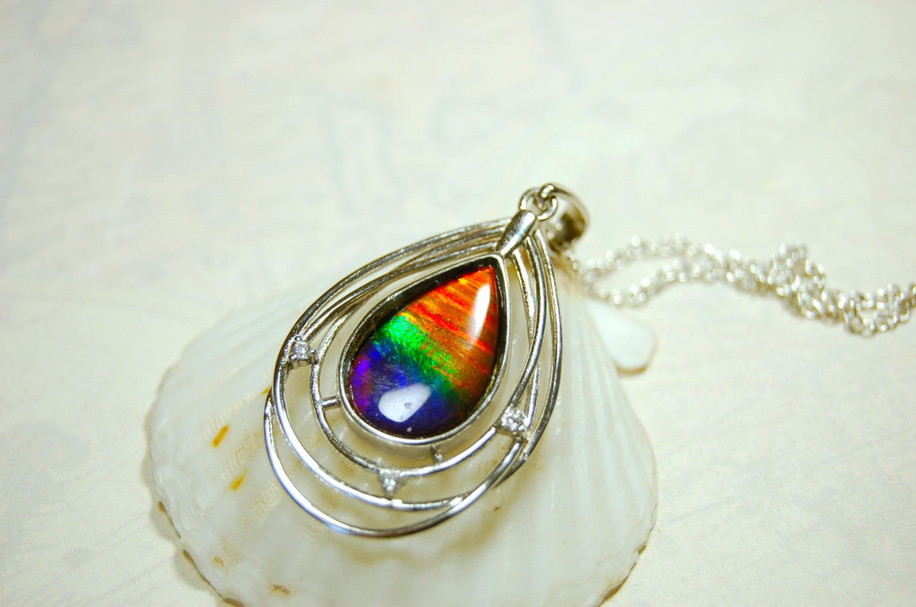 Ammolite Jewelry Pendant.RARE Tiger stripe gem.Unique gemstone.Non Allergenic Rhodium plated Sterling Silver setting.Gift for wife? 032916