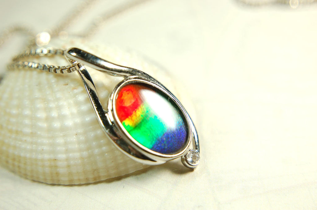 Sterling Silver Ammolite Pendant – Natural Rainbow Fossil Gemstone Necklace – Handmade Jewelry-.052015