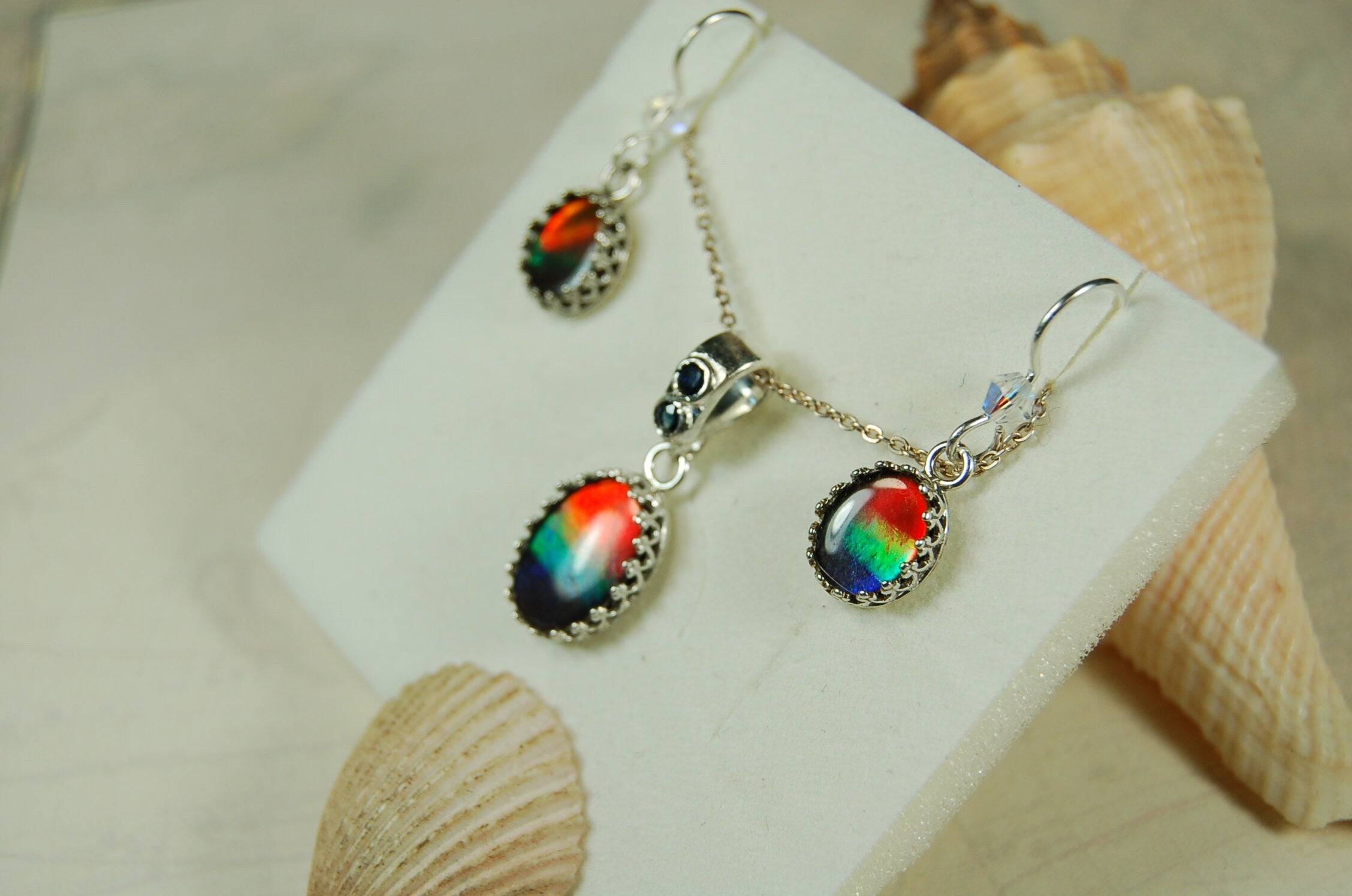 Birthday or Anniversary gift idea for wife. Ammolite Pendant Earring Set.Nicely matched brilliant tricolor gems.#102910