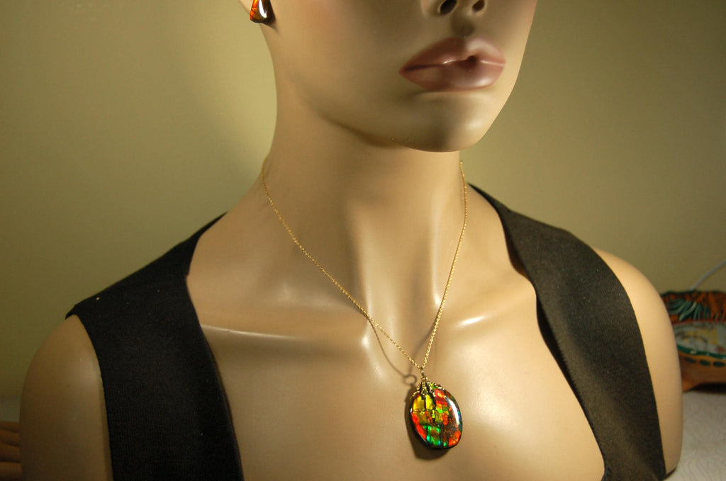Ammolite Jewelry Set.Pendant and earrings of Natural Alberta Canada gemstones.Strong fashion statement.061516