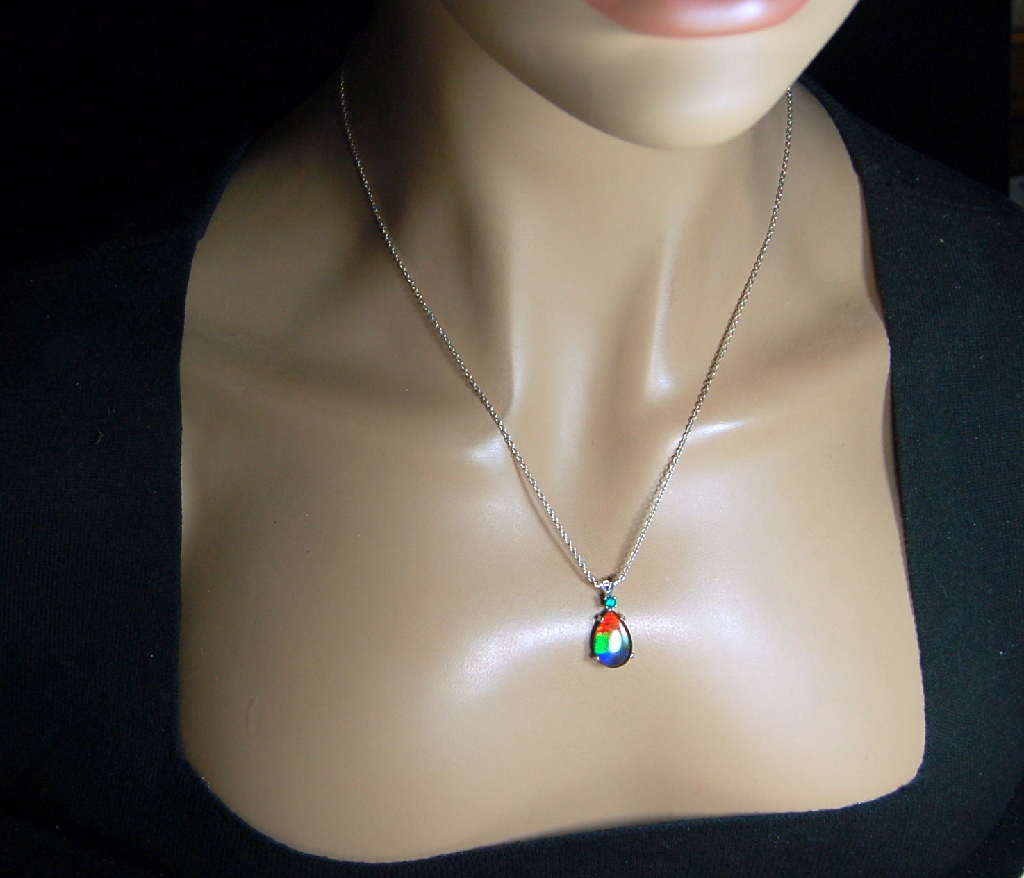 Ammolite Jewelry Pendant.bright Rainbow Colors. Ammolite with Emerald.Canadian gemstones.The perfect RARE gift for her.#012410