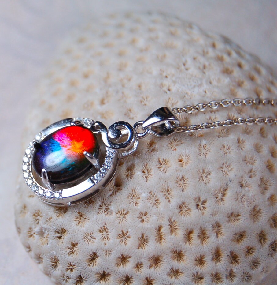 Ammolite Jewelry Pendant with RARE Pink.Stunning color changer.See 160 other quality offerings in silver and gold.Perfect gift.#080518