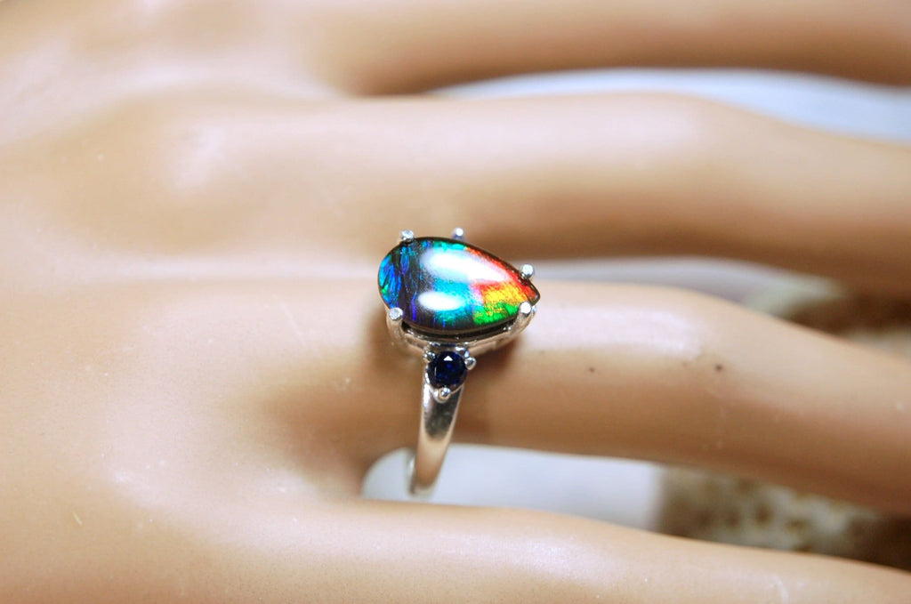 Ammolite teardrop Ring with four rich colors.Set in sterling silver.Size 7.Perfect gift for her.One of a kind ring.041214