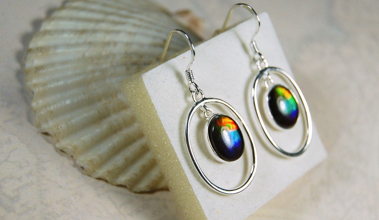 Ammolite Hoop Earrings - Bright Dangles for Birthday or Anniversary - High quality genuine Canadian Gemstones.