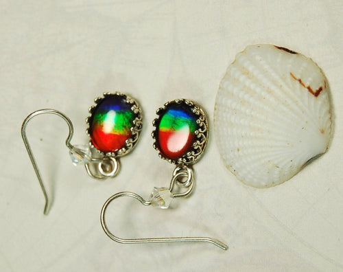 Ammolite Ear Rings.Perfect Mothers Day gift of RARE genuine ammolite she is sure to treasure.Lovely matched tricolor rainbow gems.#102410