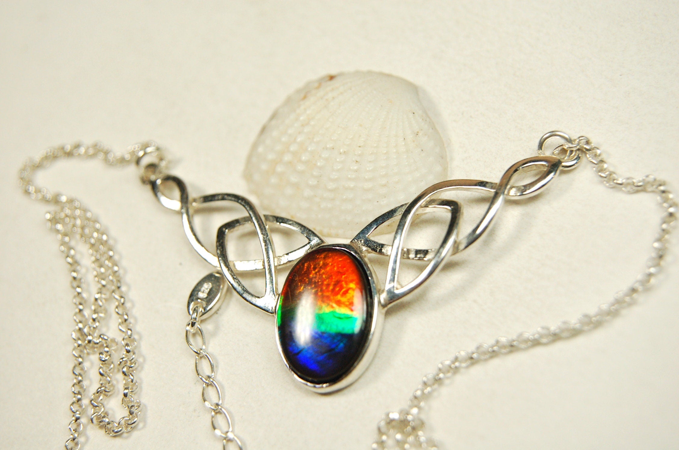 Ammolite Celtic Necklace.RARE four color rainbow gem.The Perfect Birthday Gift for Wife.Canadian ammolite.#112413