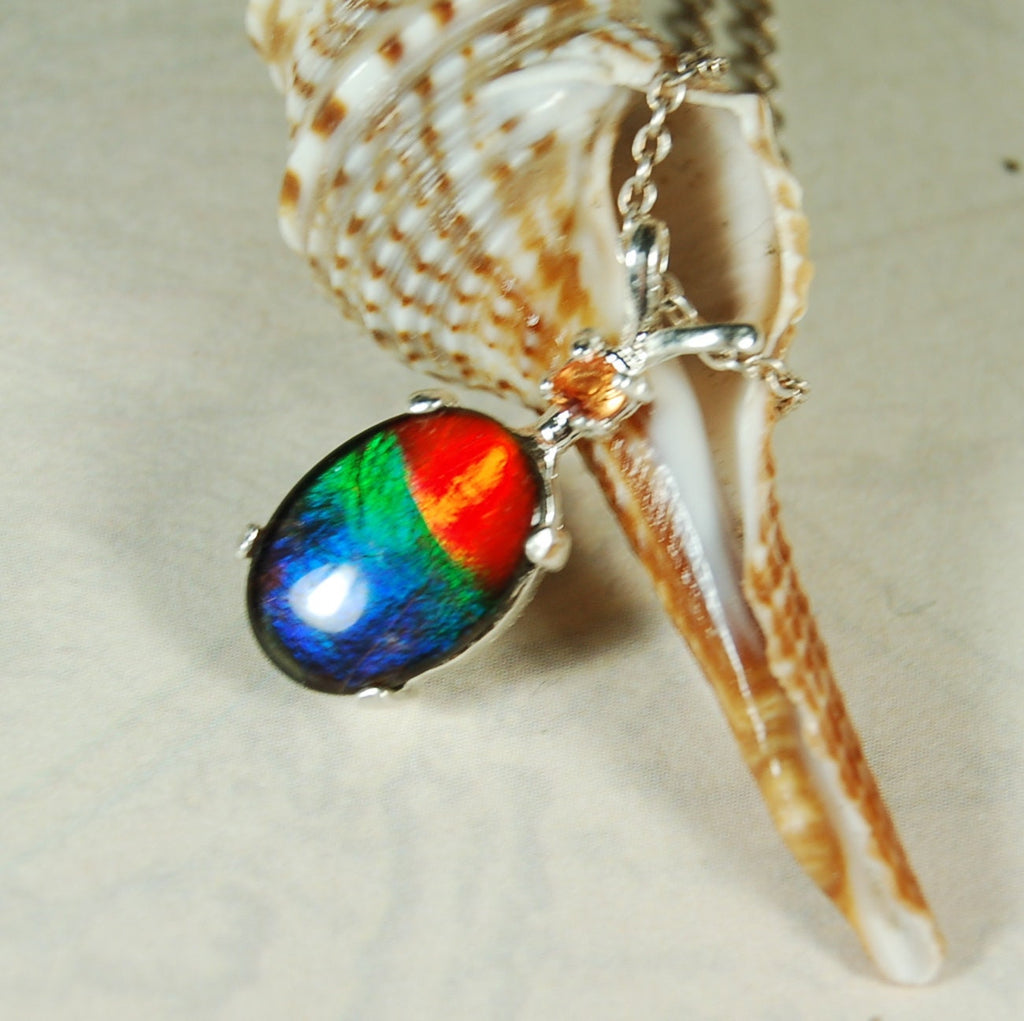 Ammolite pendant.Premium Quality Ammolite jewelry.Rainbow Ammolite.Ammolite Feng Shui.Ammolite for birthday gift. #021811