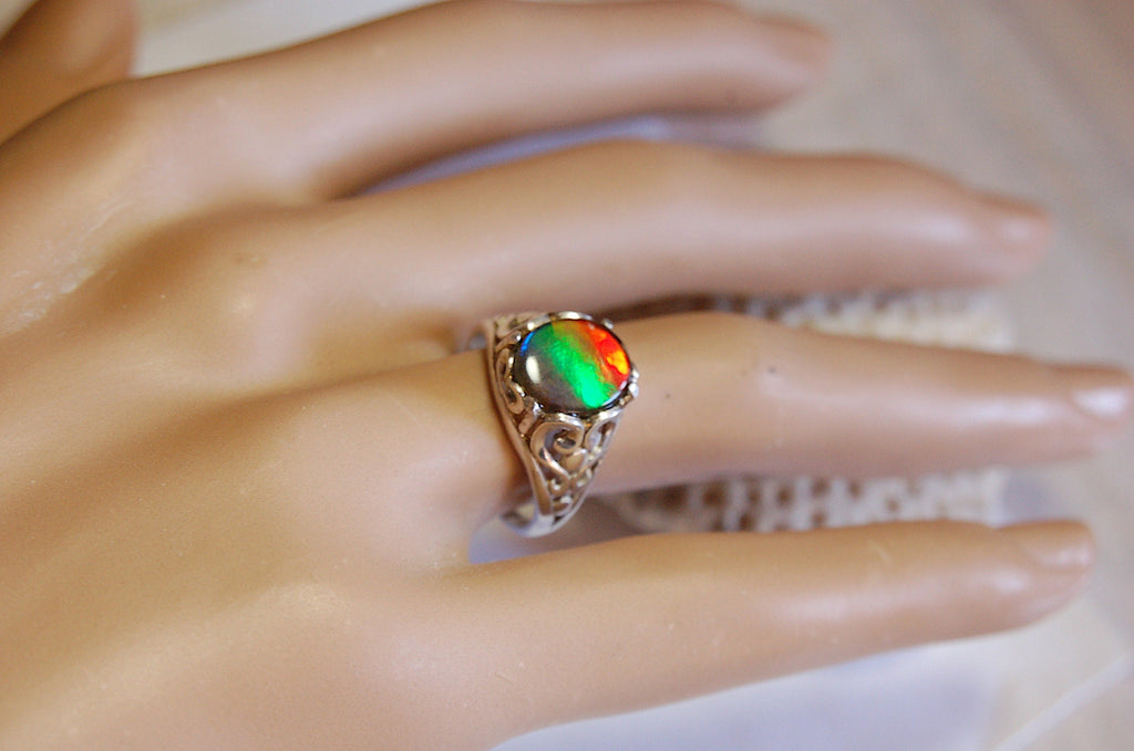 Ammolite Ladies Ring size 6.High quality tricolor gem.Very colorful.Birthday Anniversary gift?Must see video.022312