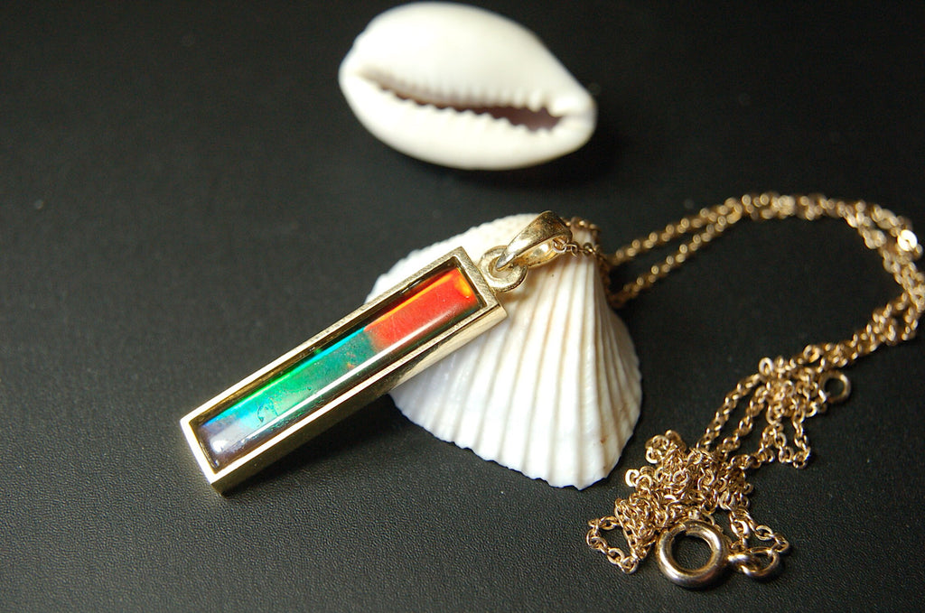 Ammolite Pendant Necklace in 14k Gold.A column of RARE ammolite rainbow colors.Minimalist and Unisex Jewelry.052512