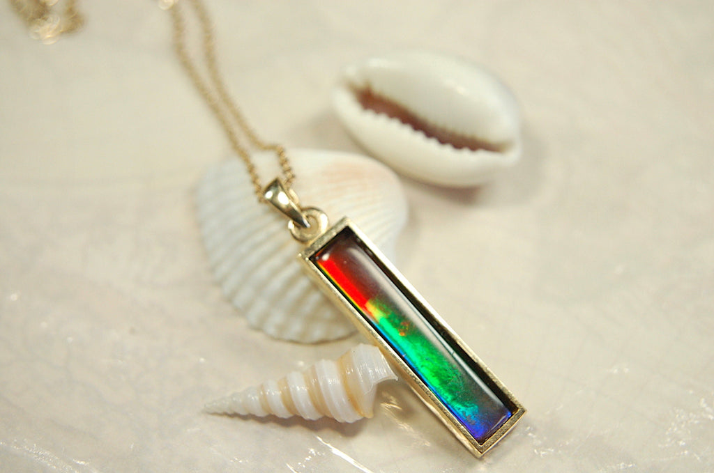 Ammolite Pendant Necklace in 14k Gold.A column of RARE ammolite rainbow colors.Minimalist and Unisex Jewelry.052512
