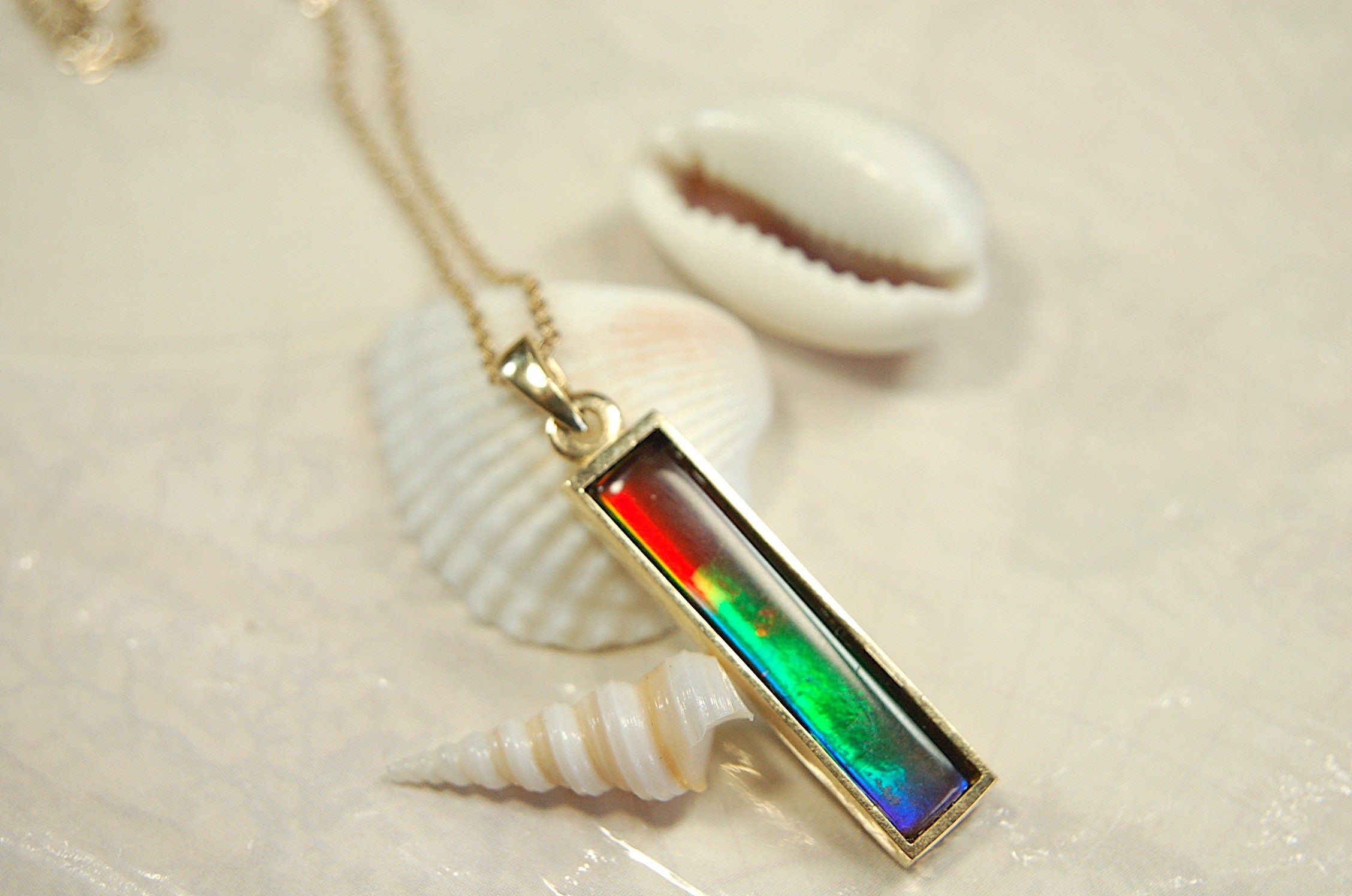 Ammolite Pendant Necklace in 14k Gold.A column of RARE ammolite rainbow colors.Minimalist and Unisex Jewelry.052512