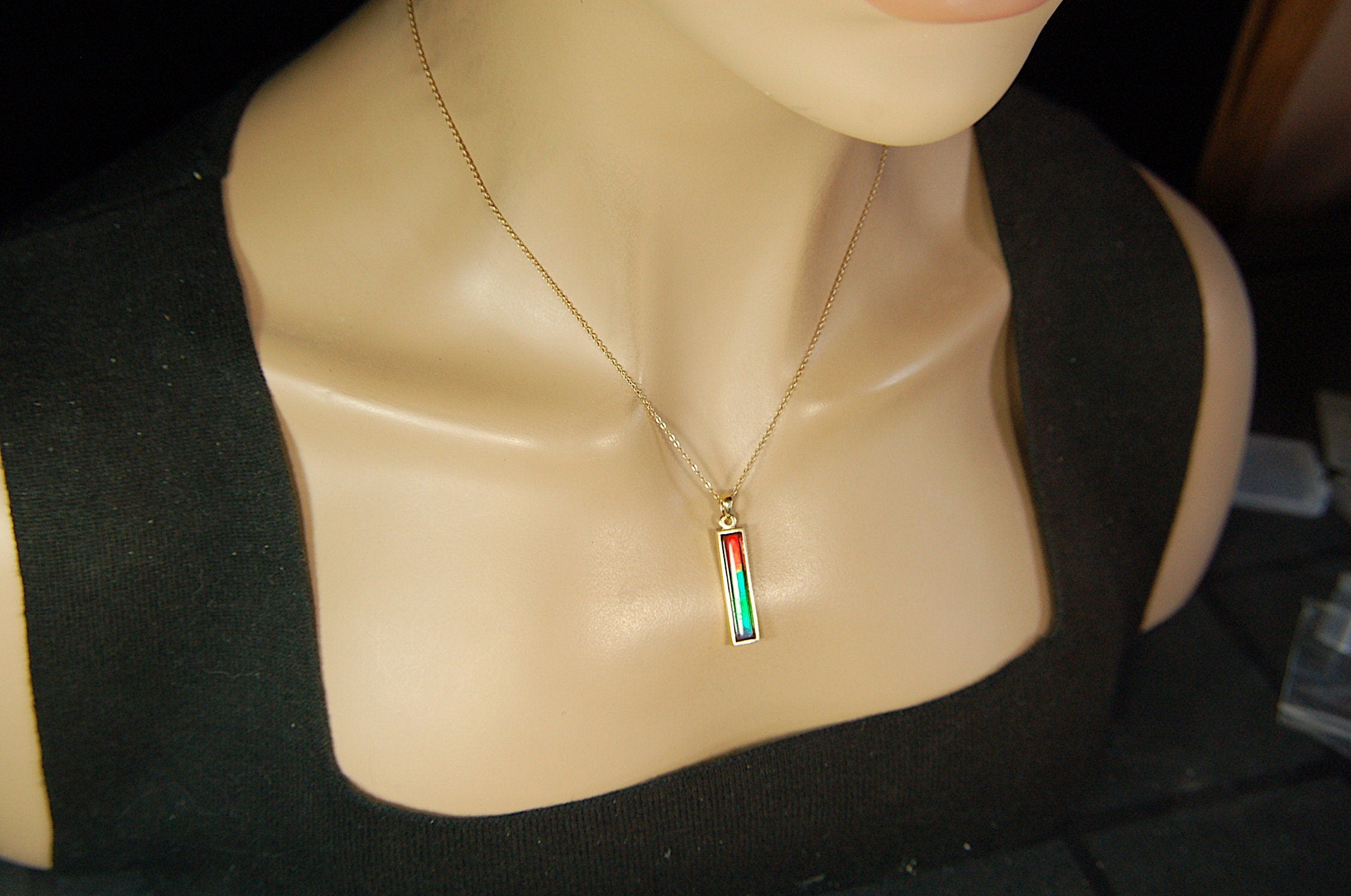 Ammolite Pendant Necklace in 14k Gold.A column of RARE ammolite rainbow colors.Minimalist and Unisex Jewelry.052512