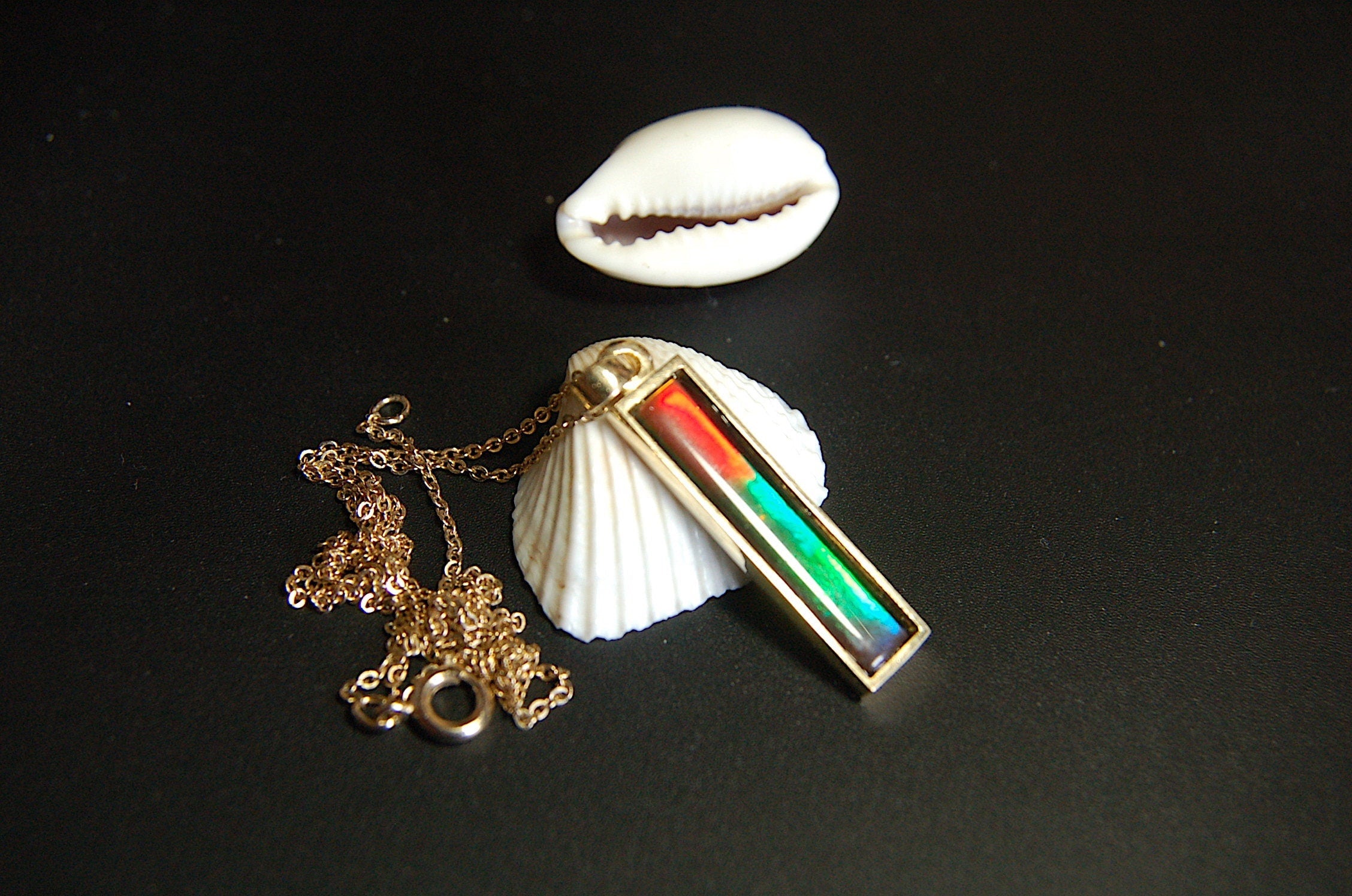 Ammolite Pendant Necklace in 14k Gold.A column of RARE ammolite rainbow colors.Minimalist and Unisex Jewelry.052512
