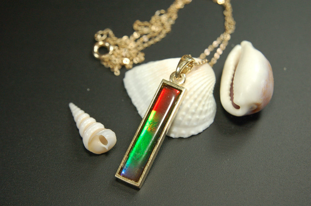 Ammolite Pendant Necklace in 14k Gold.A column of RARE ammolite rainbow colors.Minimalist and Unisex Jewelry.052512