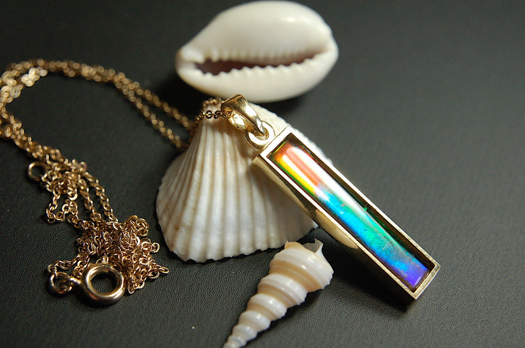 Ammolite Pendant Necklace in 14k Gold.A column of RARE ammolite rainbow colors.Minimalist and Unisex Jewelry.052512