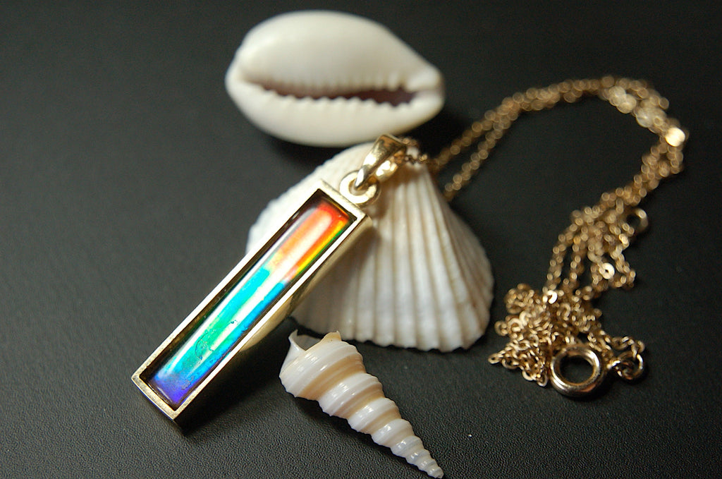 Ammolite Pendant Necklace in 14k Gold.A column of RARE ammolite rainbow colors.Minimalist and Unisex Jewelry.052512