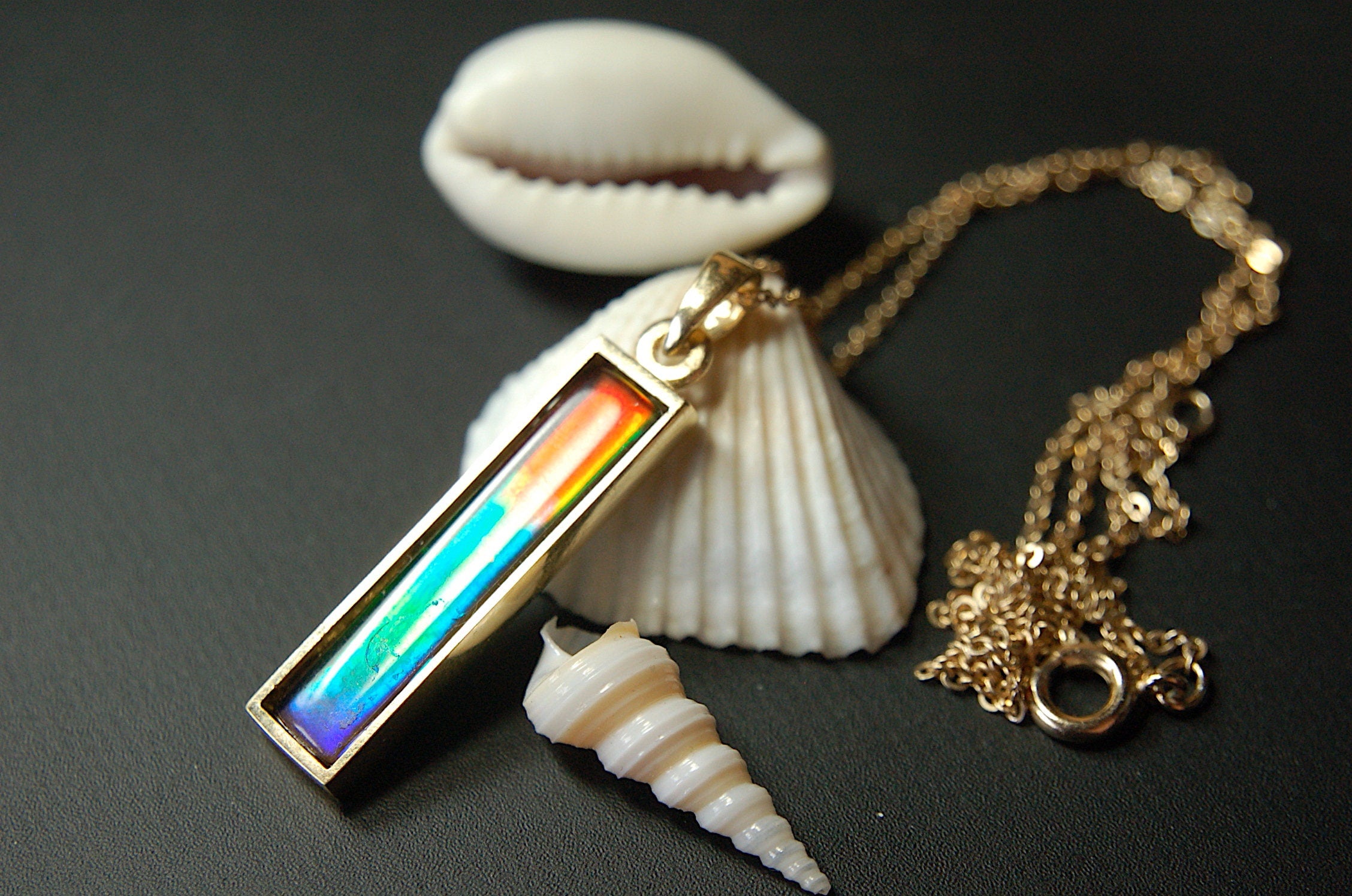 Ammolite Pendant Necklace in 14k Gold.A column of RARE ammolite rainbow colors.Minimalist and Unisex Jewelry.052512