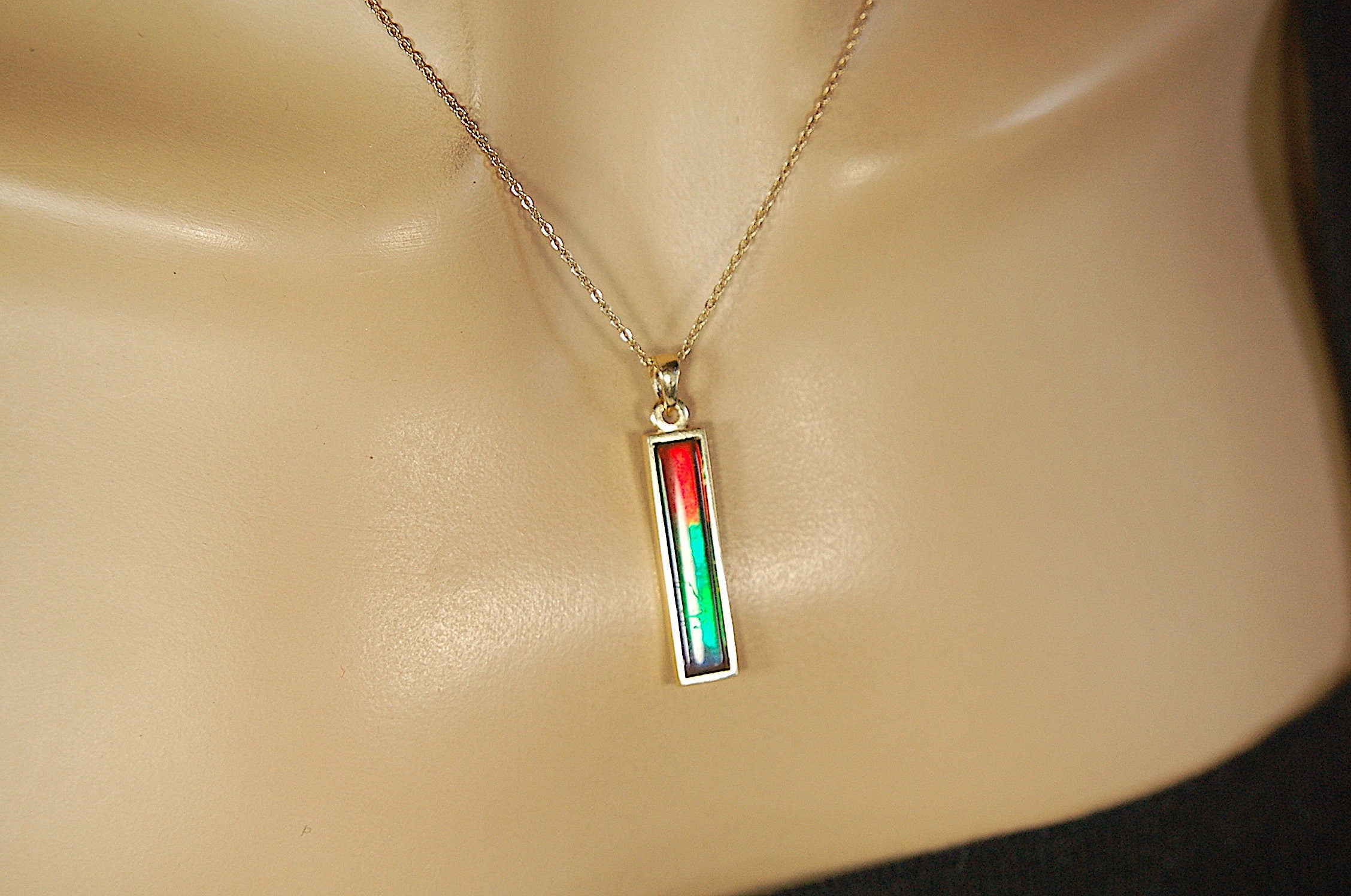 Ammolite Pendant Necklace in 14k Gold.A column of RARE ammolite rainbow colors.Minimalist and Unisex Jewelry.052512