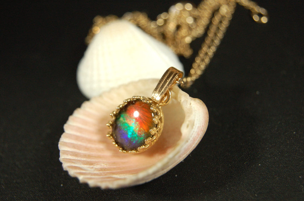 Gorgeous Ammolite pendant in 14k gold.Petite but powerful.Four color ammolite.Ammolite jewelry from Canada.Perfect gift. SEE VIDEO.060212
