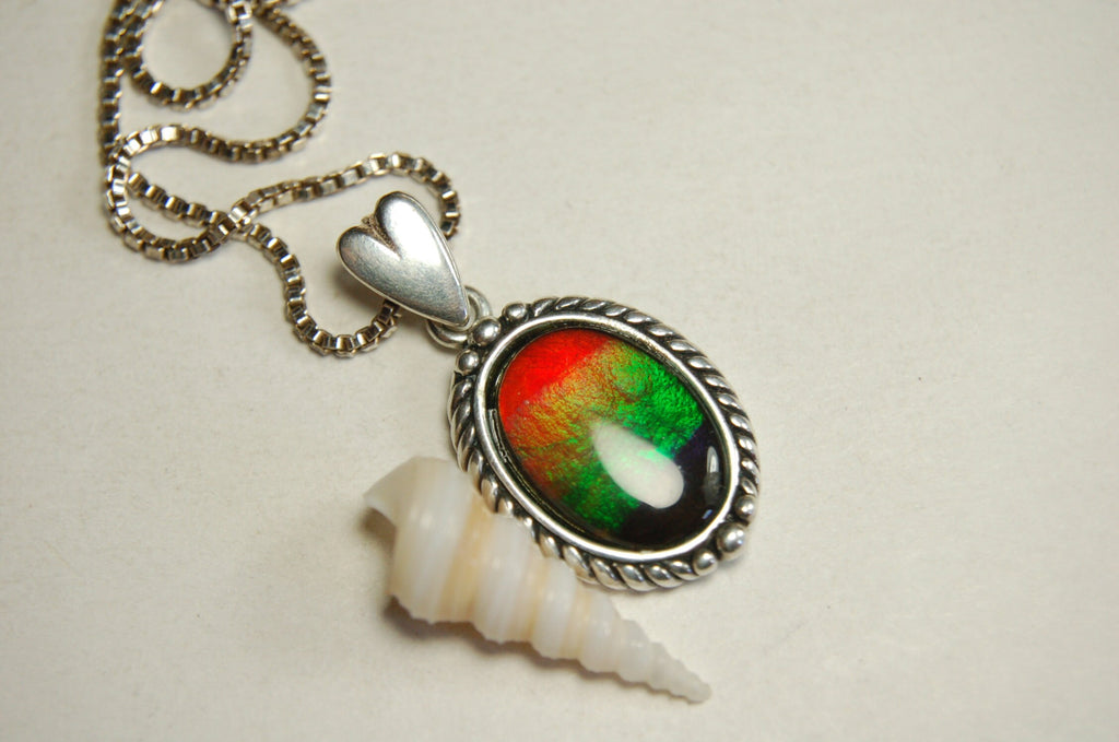 Ammolite pendant conveys a loving heartfelt message.Ammolite jewelry.Four color Rainbow ammolite.Ammolite necklace.Canadian ammolite.100301