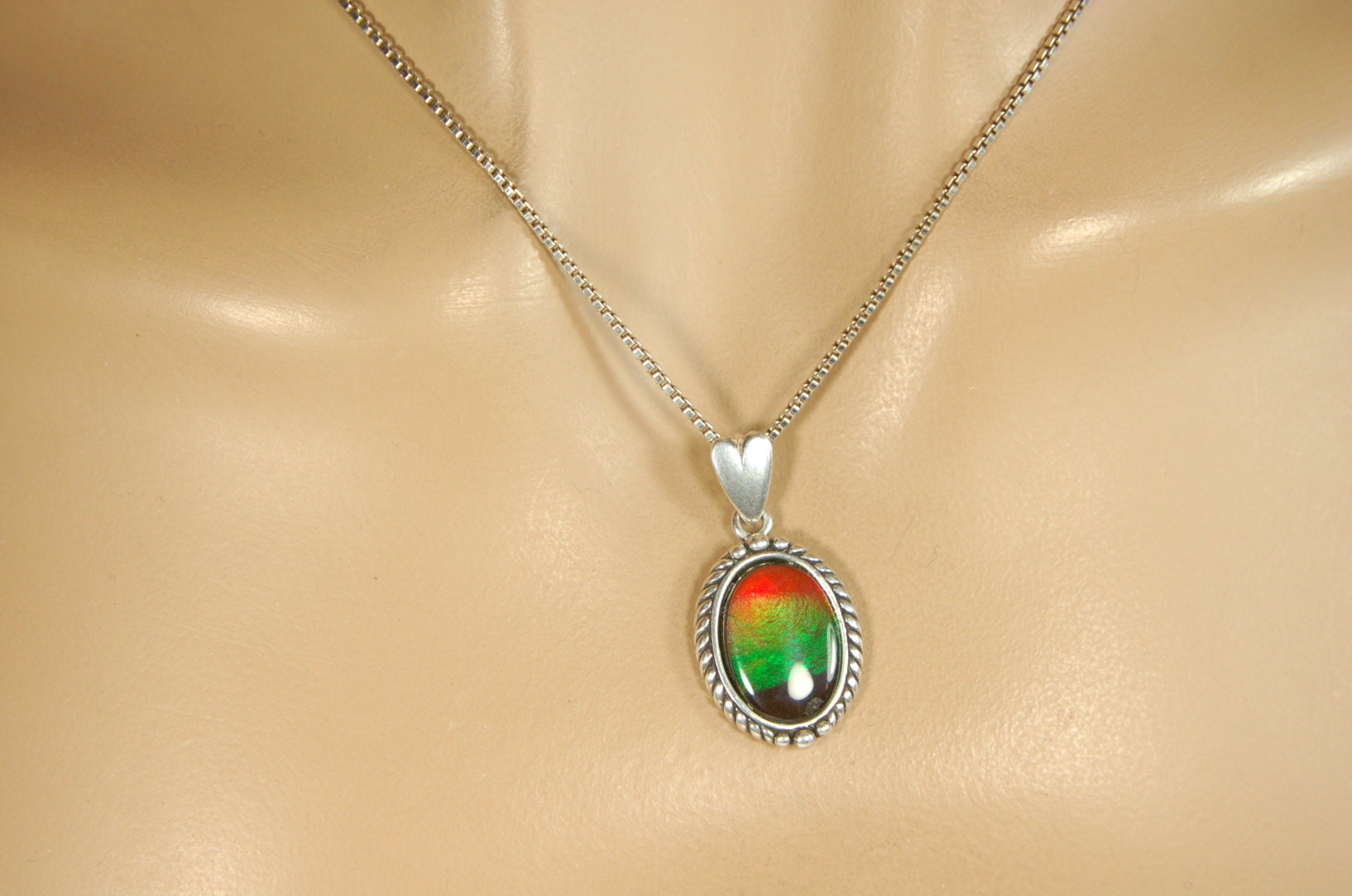 Ammolite pendant conveys a loving heartfelt message.Ammolite jewelry.Four color Rainbow ammolite.Ammolite necklace.Canadian ammolite.100301