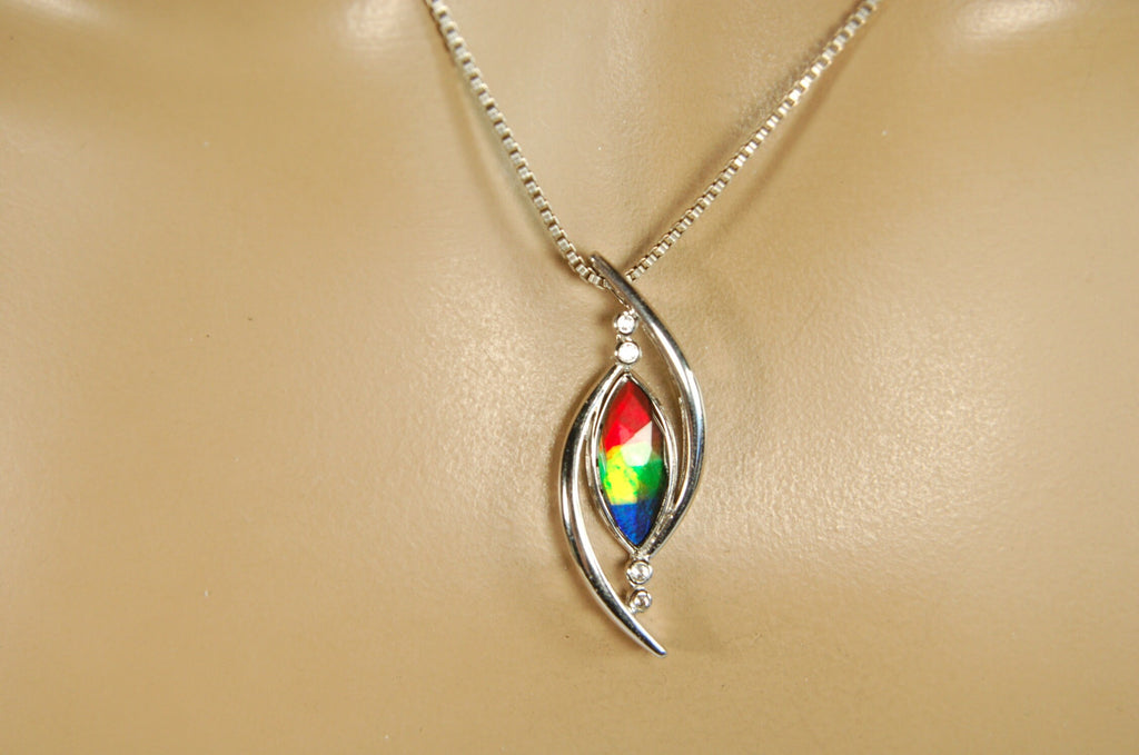 Unique Ammolite Jewelry Pendant Necklace from Canada.RARE Faceted four color gem.Perfect Gift.Bright changing colors. Elegant design 100613.
