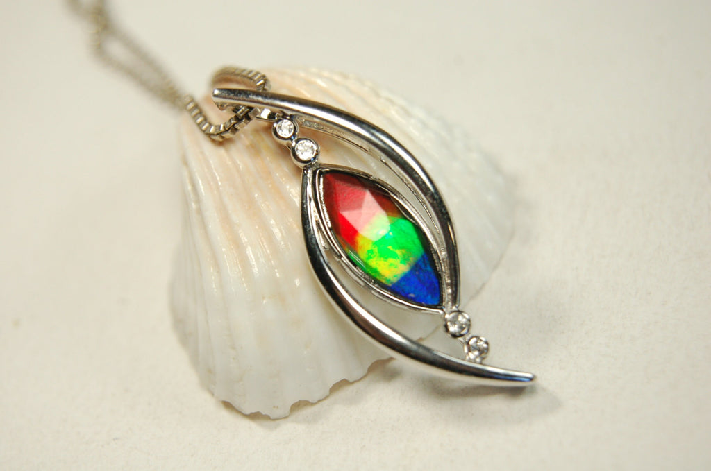 Unique Ammolite Jewelry Pendant Necklace from Canada.RARE Faceted four color gem.Perfect Gift.Bright changing colors. Elegant design 100613.