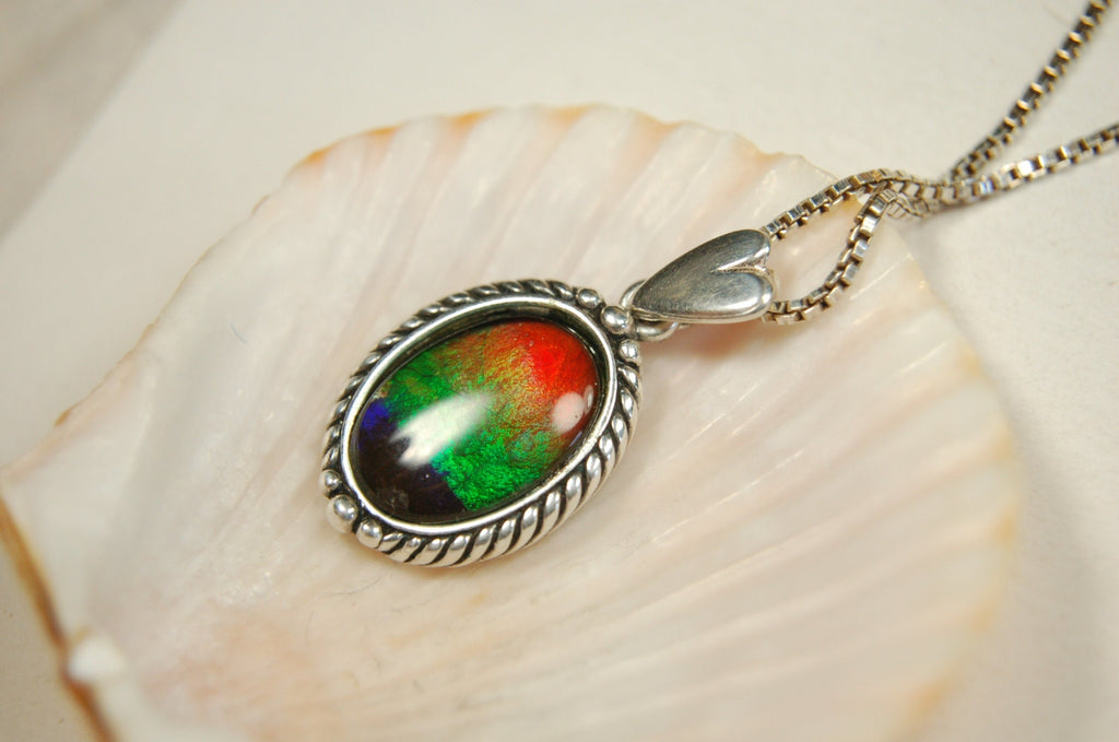 Ammolite pendant conveys a loving heartfelt message.Ammolite jewelry.Four color Rainbow ammolite.Ammolite necklace.Canadian ammolite.100301