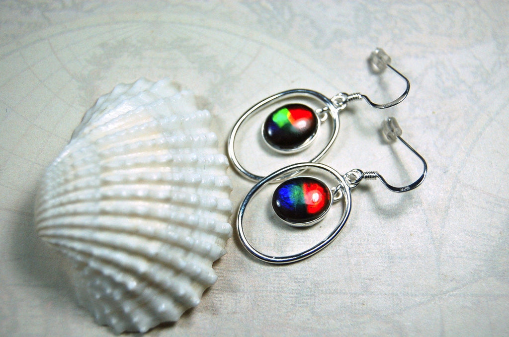 Ammolite Hoop Earrings - Bright Dangles for Birthday or Anniversary - High quality genuine Canadian Gemstones.