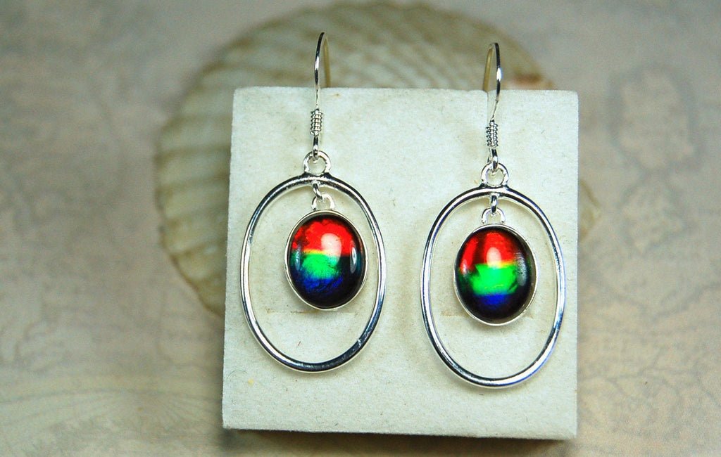 Ammolite Hoop Earrings - Bright Dangles for Birthday or Anniversary - High quality genuine Canadian Gemstones.