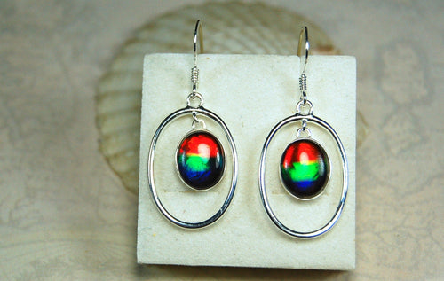 Ammolite Hoop Earrings - Bright Dangles for Birthday or Anniversary - High quality genuine Canadian Gemstones.