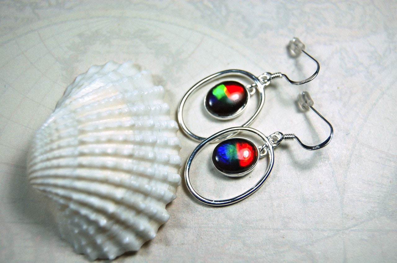 Ammolite Hoop Earrings - Bright Dangles for Birthday or Anniversary - High quality genuine Canadian Gemstones.