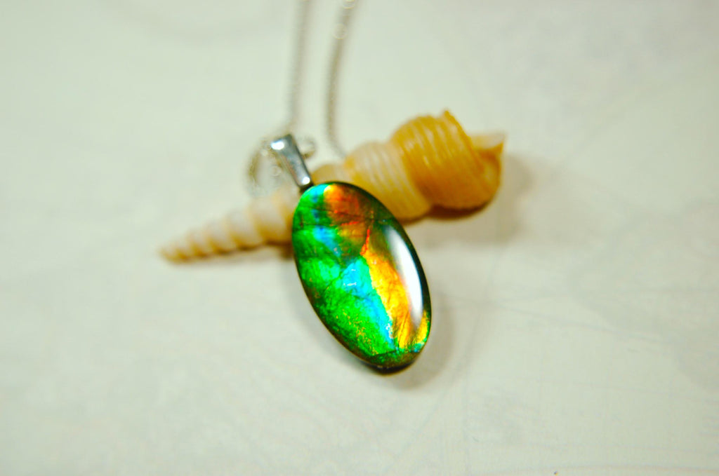 Ammolite Pendant.All Natural freeform Cabochon.Amazing RARE Colors.One of a kind Jewelry.Unique gift.Unisex Minimalist Jewelry.020715