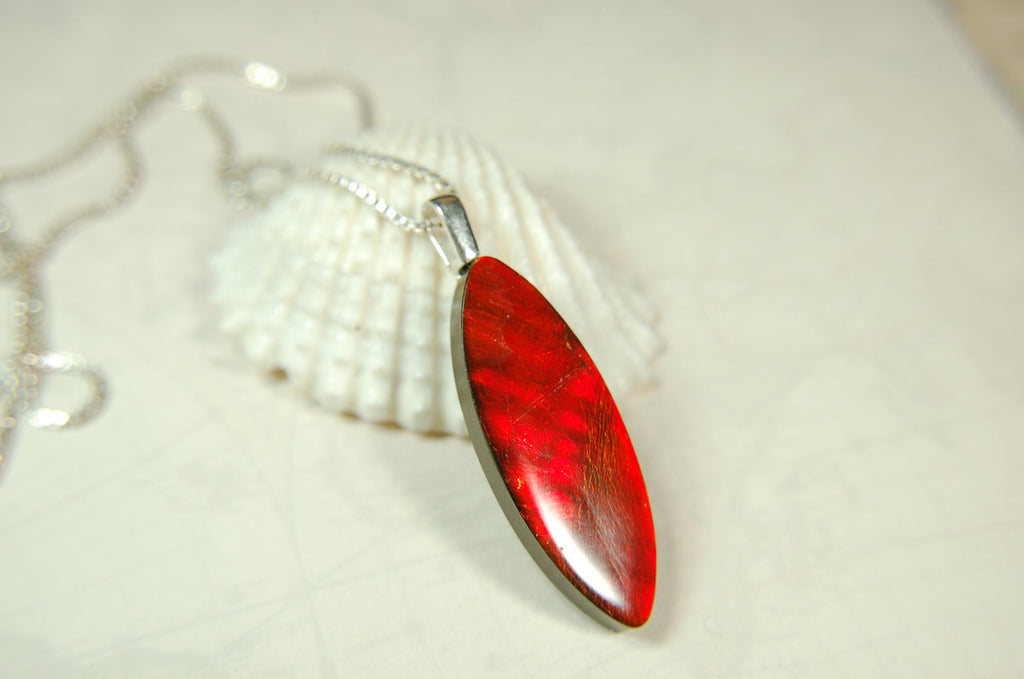 Ammolite Pendant.All natural free form cabochon set as minimalist and unisex jewelry.Rich red Jewelry.Gift idea for wife.Boho Jewelry.020815
