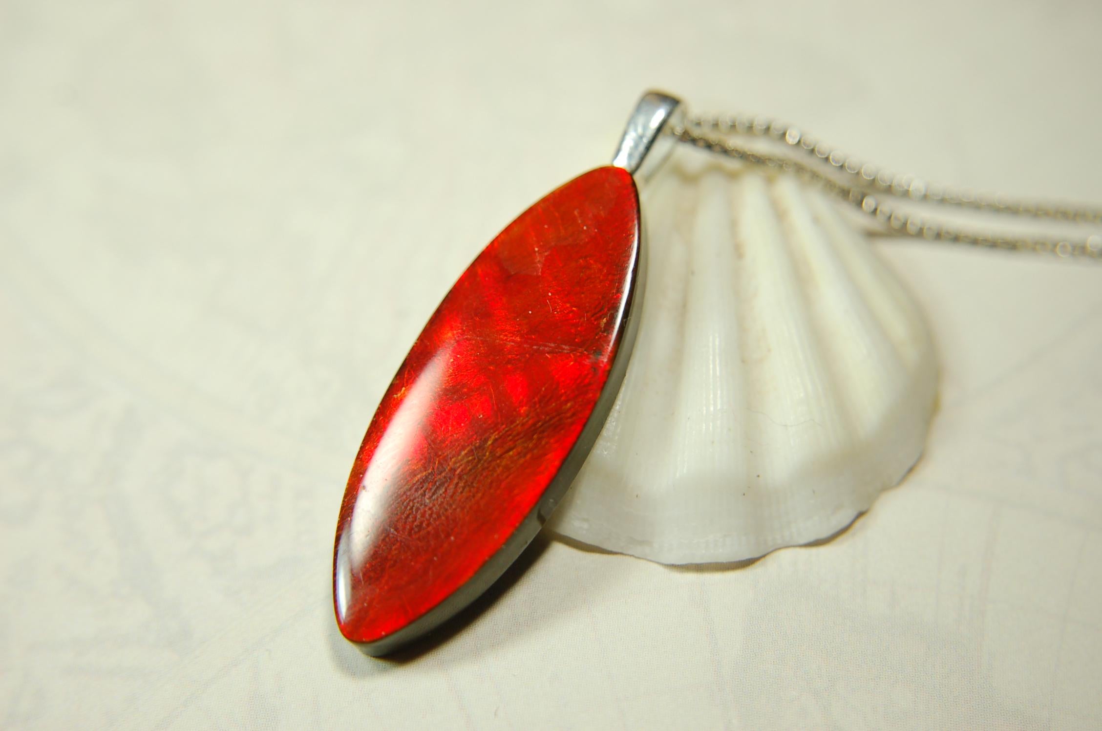 Ammolite Pendant.All natural free form cabochon set as minimalist and unisex jewelry.Rich red Jewelry.Gift idea for wife.Boho Jewelry.020815