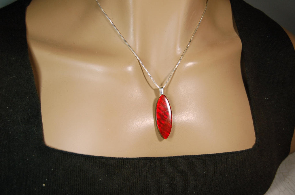 Ammolite Pendant.All natural free form cabochon set as minimalist and unisex jewelry.Rich red Jewelry.Gift idea for wife.Boho Jewelry.020815