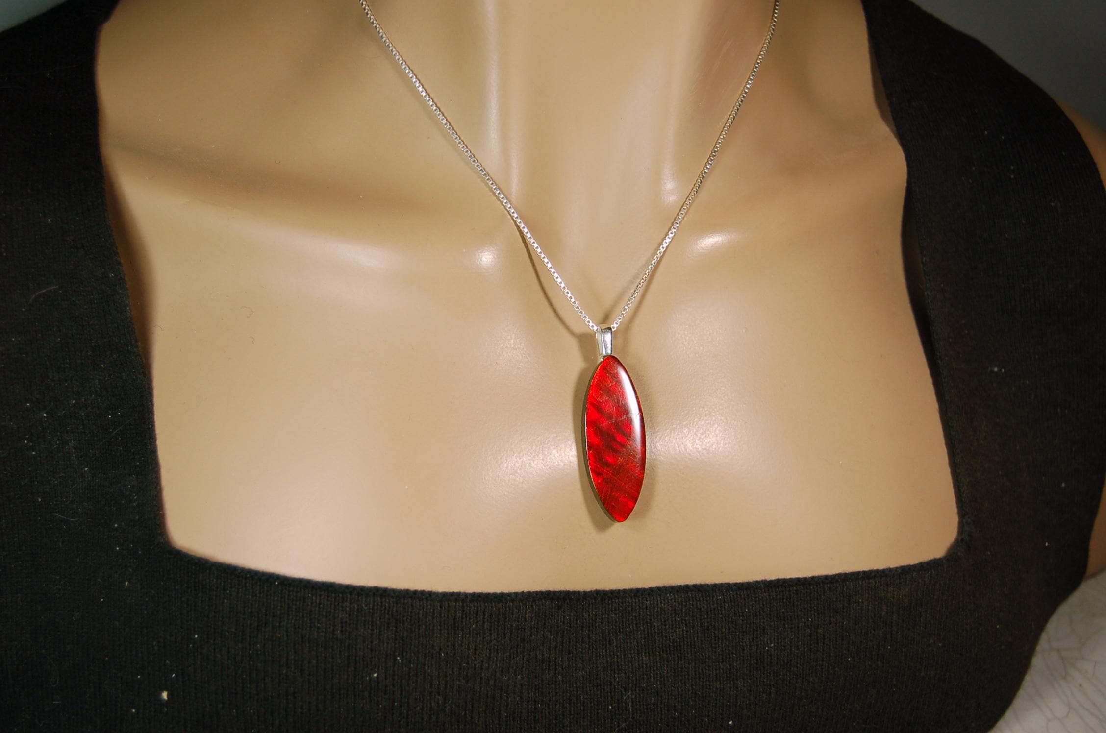 Ammolite Pendant.All natural free form cabochon set as minimalist and unisex jewelry.Rich red Jewelry.Gift idea for wife.Boho Jewelry.020815