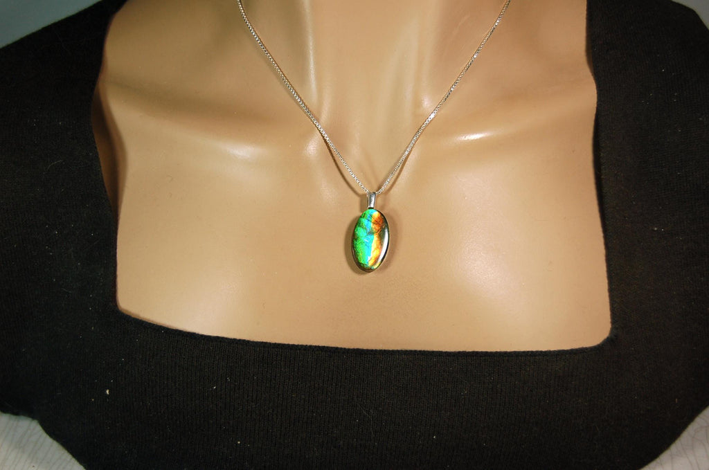Ammolite Pendant.All Natural freeform Cabochon.Amazing RARE Colors.One of a kind Jewelry.Unique gift.Unisex Minimalist Jewelry.020715